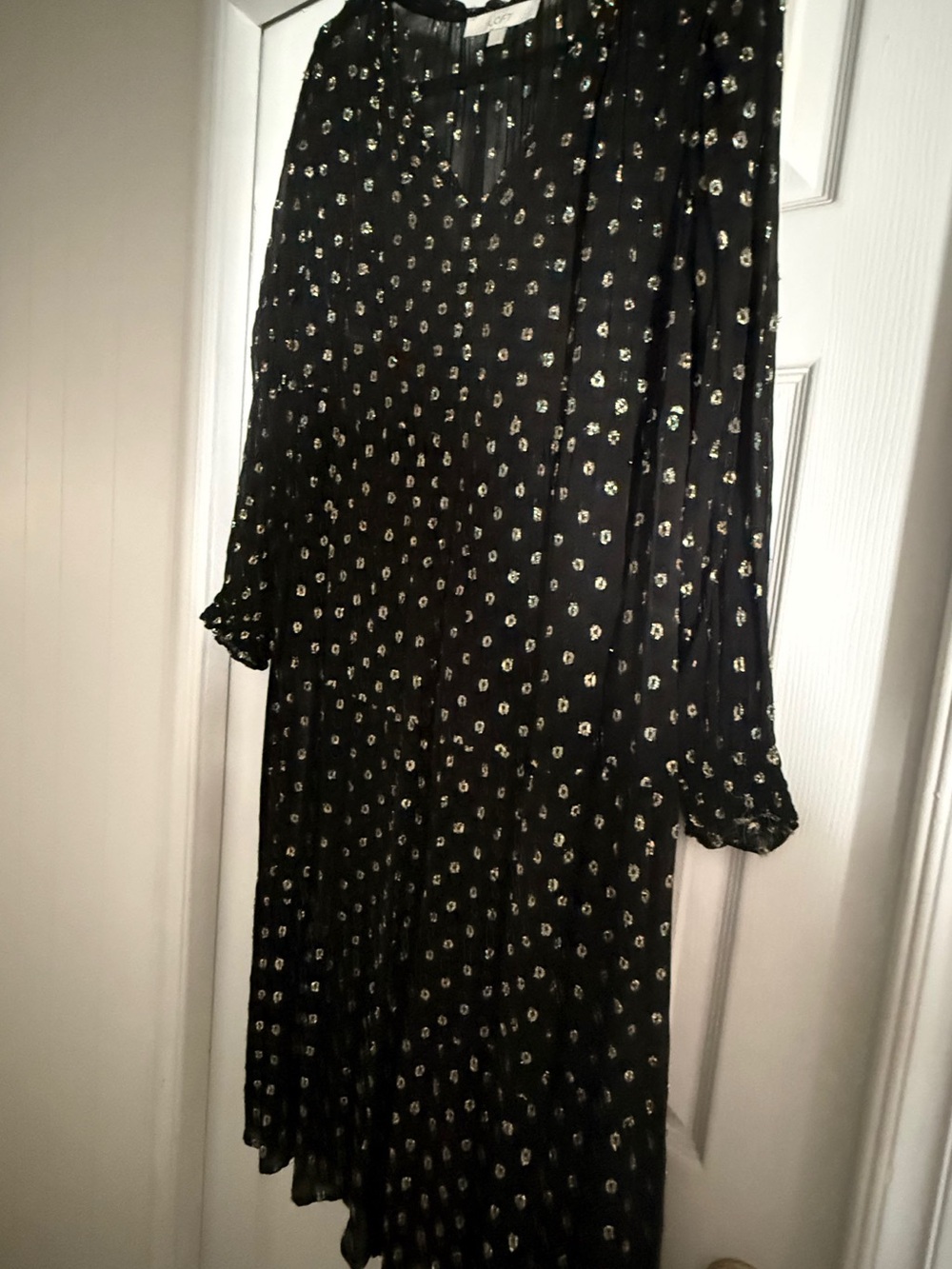 LOFT Black Long Sleeve Midi Dress with Gold Dot Print